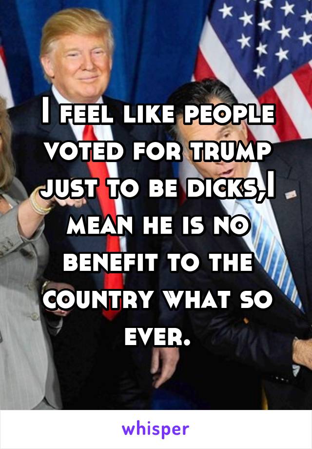 I feel like people voted for trump just to be dicks,I mean he is no benefit to the country what so ever.