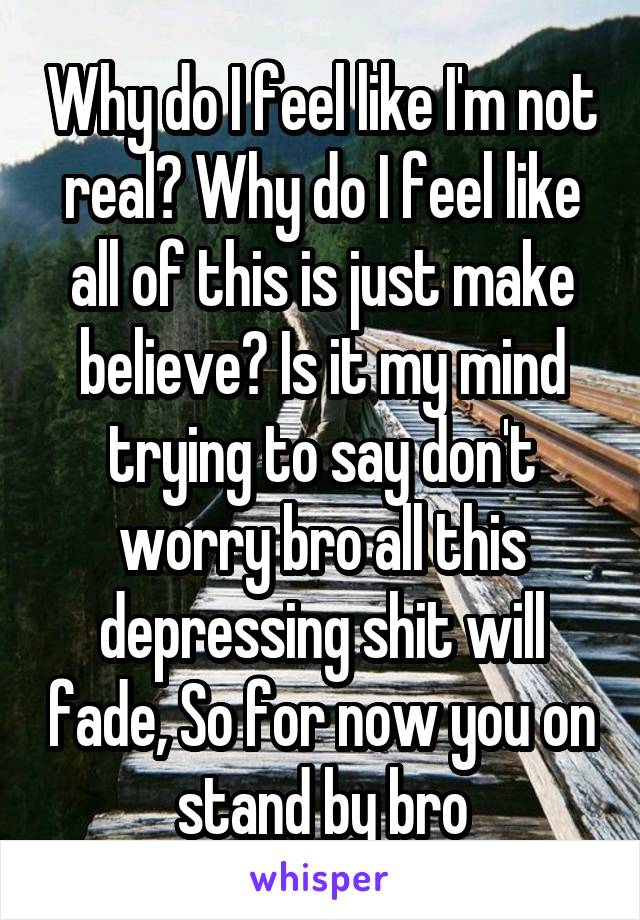 Why do I feel like I'm not real? Why do I feel like all of this is just make believe? Is it my mind trying to say don't worry bro all this depressing shit will fade, So for now you on stand by bro