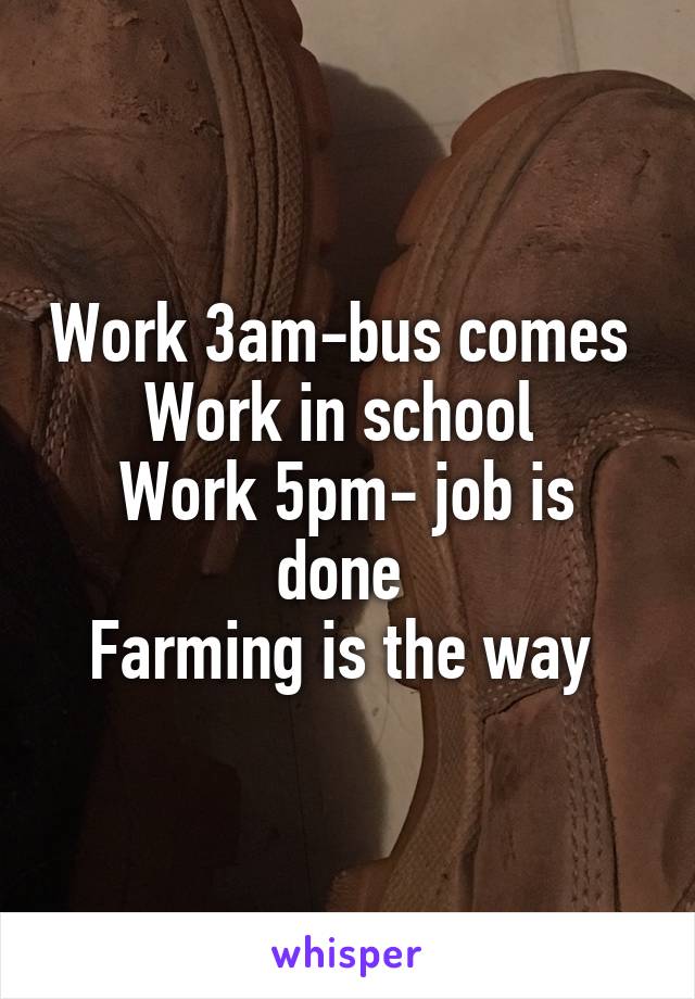Work 3am-bus comes 
Work in school 
Work 5pm- job is done 
Farming is the way 