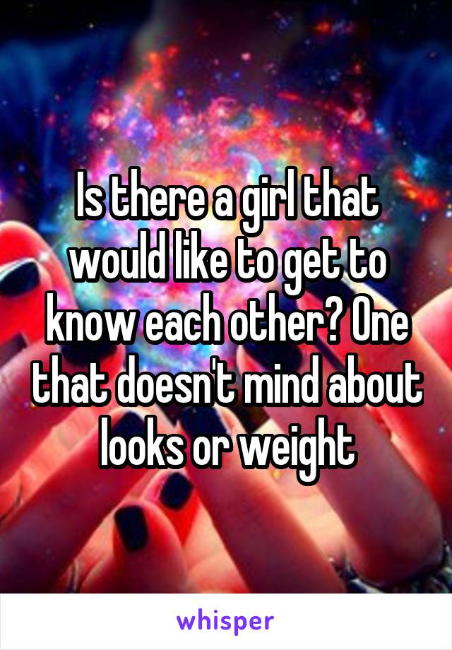 Is there a girl that would like to get to know each other? One that doesn't mind about looks or weight
