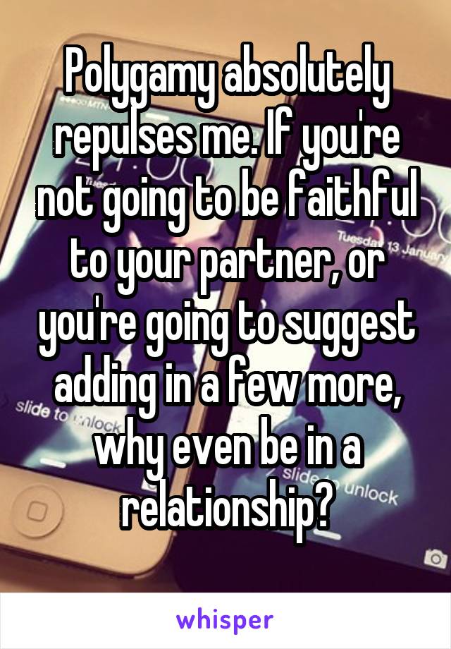 Polygamy absolutely repulses me. If you're not going to be faithful to your partner, or you're going to suggest adding in a few more, why even be in a relationship?
