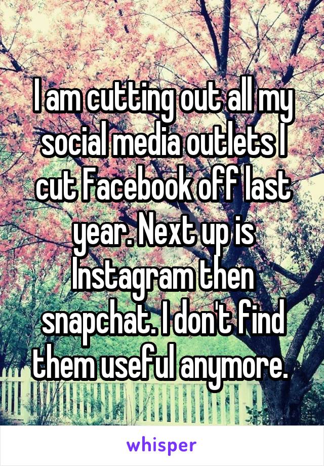 I am cutting out all my social media outlets I cut Facebook off last year. Next up is Instagram then snapchat. I don't find them useful anymore. 