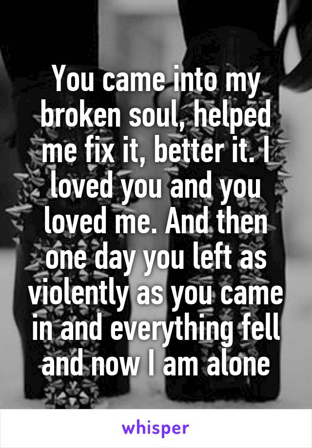 You came into my broken soul, helped me fix it, better it. I loved you and you loved me. And then one day you left as violently as you came in and everything fell and now I am alone