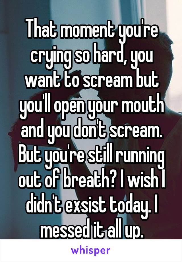 That moment you're crying so hard, you want to scream but you'll open your mouth and you don't scream. But you're still running out of breath? I wish I didn't exsist today. I messed it all up.