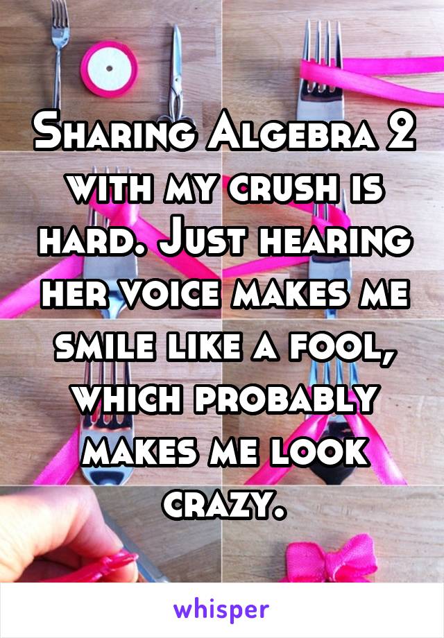 Sharing Algebra 2 with my crush is hard. Just hearing her voice makes me smile like a fool, which probably makes me look crazy.