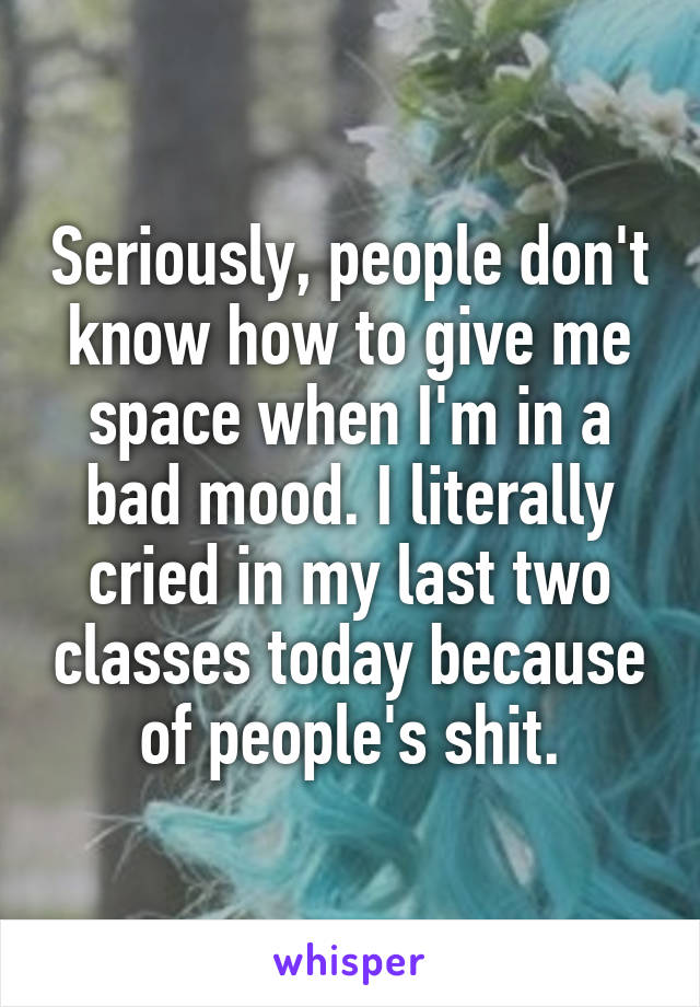 Seriously, people don't know how to give me space when I'm in a bad mood. I literally cried in my last two classes today because of people's shit.