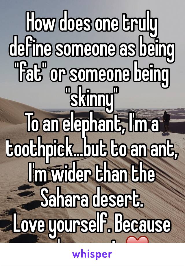 How does one truly define someone as being "fat" or someone being "skinny"
To an elephant, I'm a toothpick...but to an ant, I'm wider than the Sahara desert. 
Love yourself. Because you're great ❤️