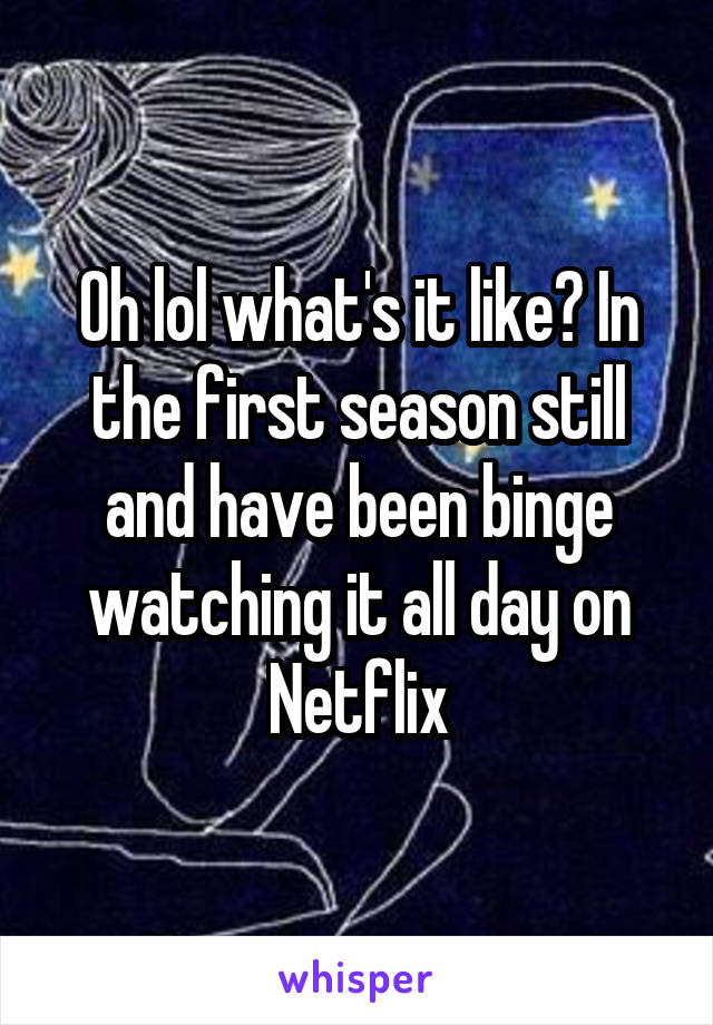 Oh lol what's it like? In the first season still and have been binge watching it all day on Netflix