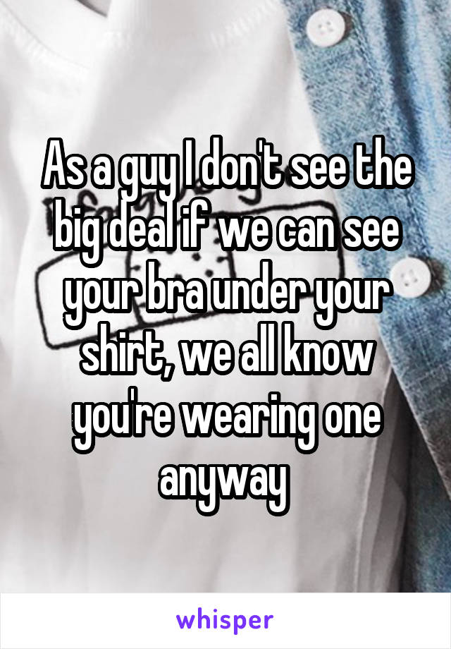 As a guy I don't see the big deal if we can see your bra under your shirt, we all know you're wearing one anyway 