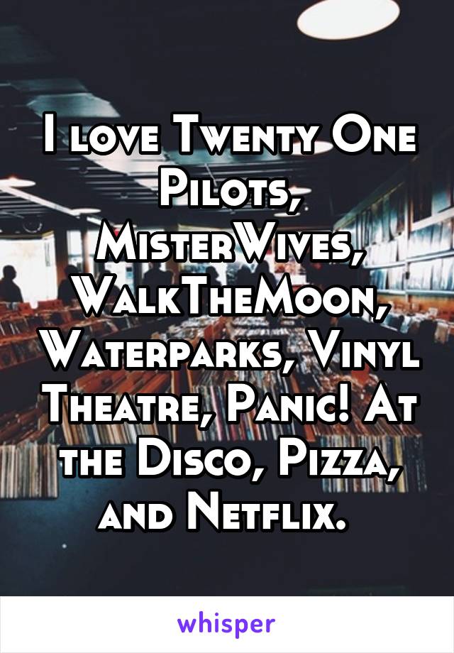 I love Twenty One Pilots, MisterWives, WalkTheMoon, Waterparks, Vinyl Theatre, Panic! At the Disco, Pizza, and Netflix. 