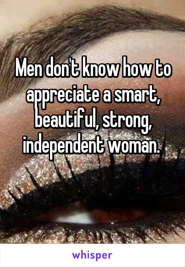 Men don't know how to appreciate a smart, beautiful, strong, independent woman. 

