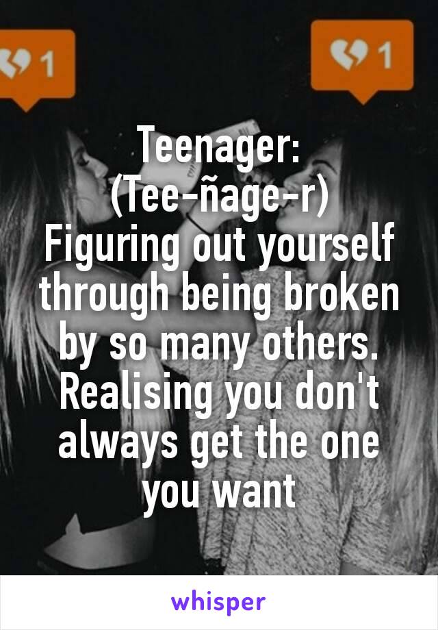Teenager:
(Tee-ñage-r)
Figuring out yourself through being broken by so many others. Realising you don't always get the one you want