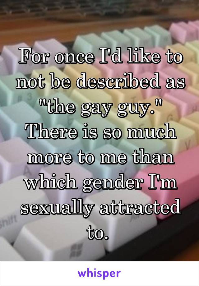 For once I'd like to not be described as "the gay guy." There is so much more to me than which gender I'm sexually attracted to. 