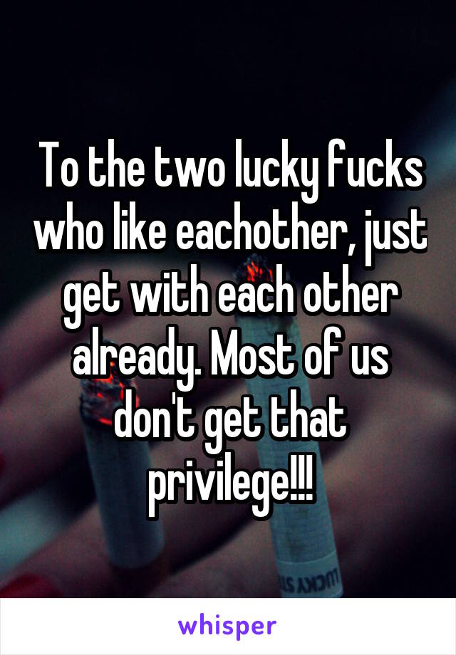 To the two lucky fucks who like eachother, just get with each other already. Most of us don't get that privilege!!!