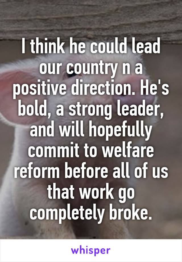 I think he could lead our country n a positive direction. He's bold, a strong leader, and will hopefully commit to welfare reform before all of us that work go completely broke.