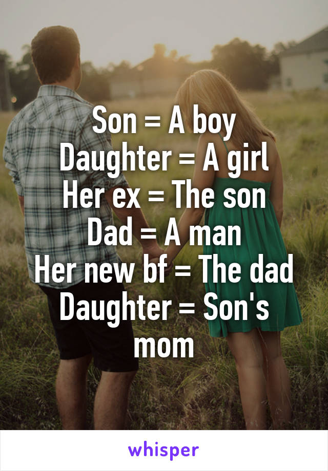 Son = A boy
Daughter = A girl
Her ex = The son
Dad = A man
Her new bf = The dad
Daughter = Son's mom