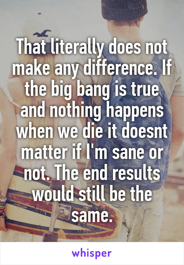 That literally does not make any difference. If the big bang is true and nothing happens when we die it doesnt matter if I'm sane or not. The end results would still be the same.