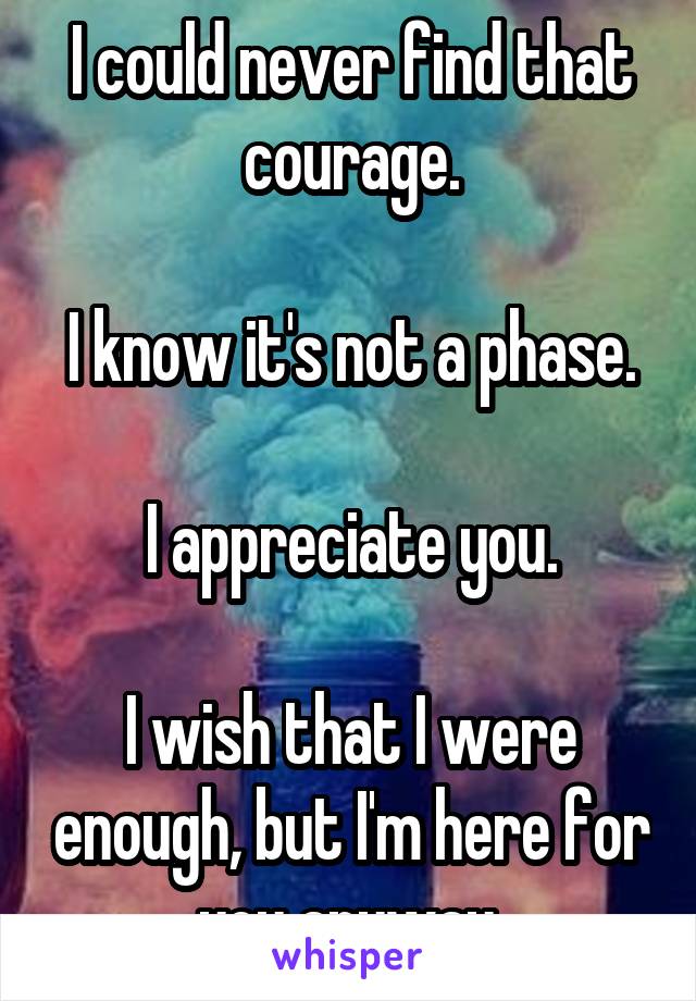 I could never find that courage.

I know it's not a phase.

I appreciate you.

I wish that I were enough, but I'm here for you anyway.