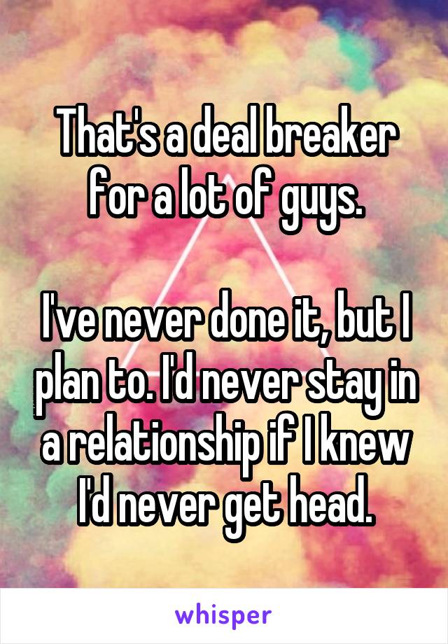 That's a deal breaker for a lot of guys.

I've never done it, but I plan to. I'd never stay in a relationship if I knew I'd never get head.
