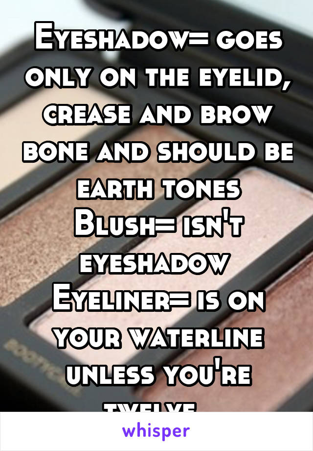 Eyeshadow= goes only on the eyelid, crease and brow bone and should be earth tones
Blush= isn't eyeshadow 
Eyeliner= is on your waterline unless you're twelve. 