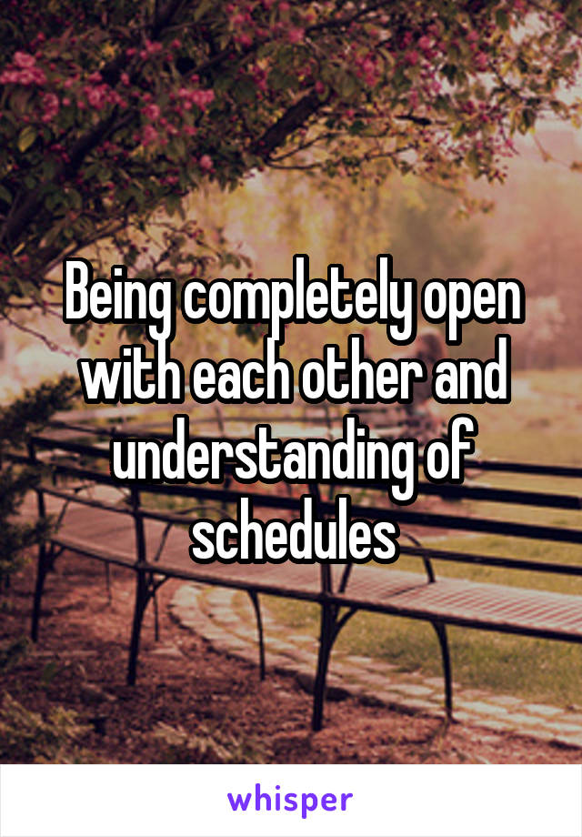 Being completely open with each other and understanding of schedules