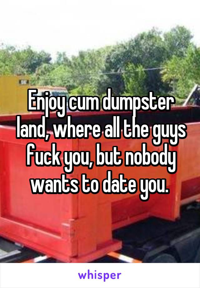 Enjoy cum dumpster land, where all the guys fuck you, but nobody wants to date you. 