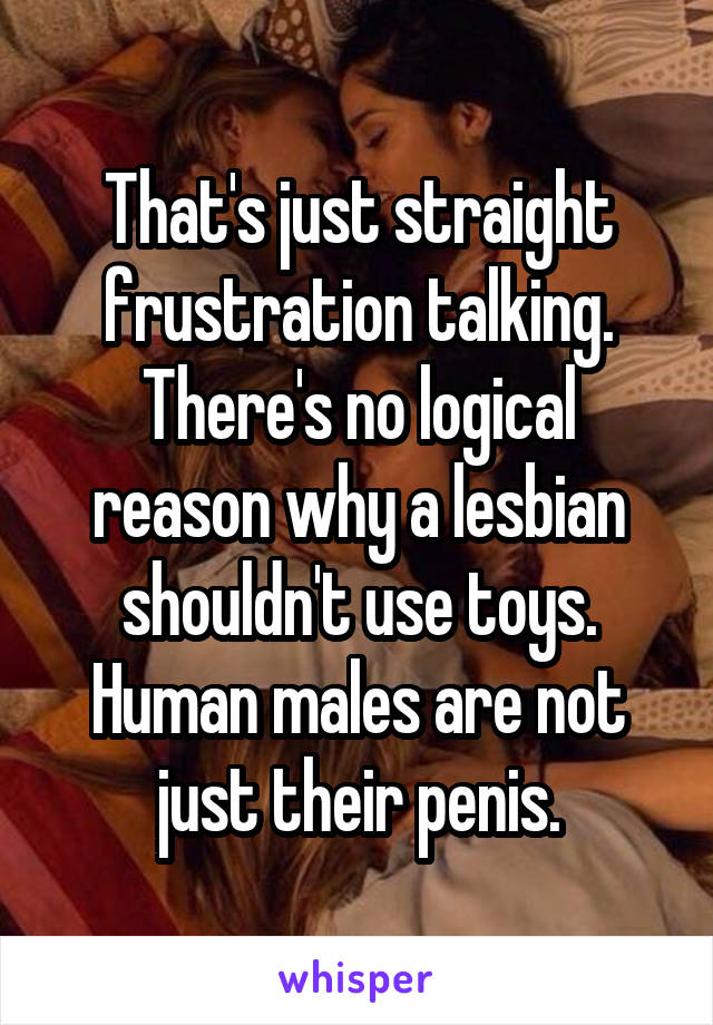 That's just straight frustration talking. There's no logical reason why a lesbian shouldn't use toys. Human males are not just their penis.