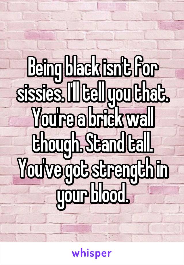 Being black isn't for sissies. I'll tell you that. You're a brick wall though. Stand tall. You've got strength in your blood.