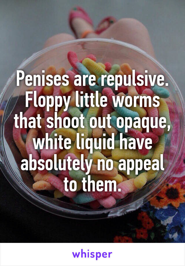 Penises are repulsive. Floppy little worms that shoot out opaque, white liquid have absolutely no appeal to them.