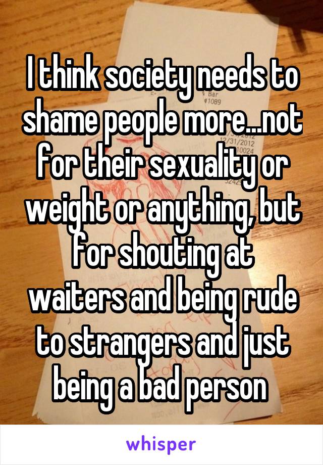 I think society needs to shame people more...not for their sexuality or weight or anything, but for shouting at waiters and being rude to strangers and just being a bad person 