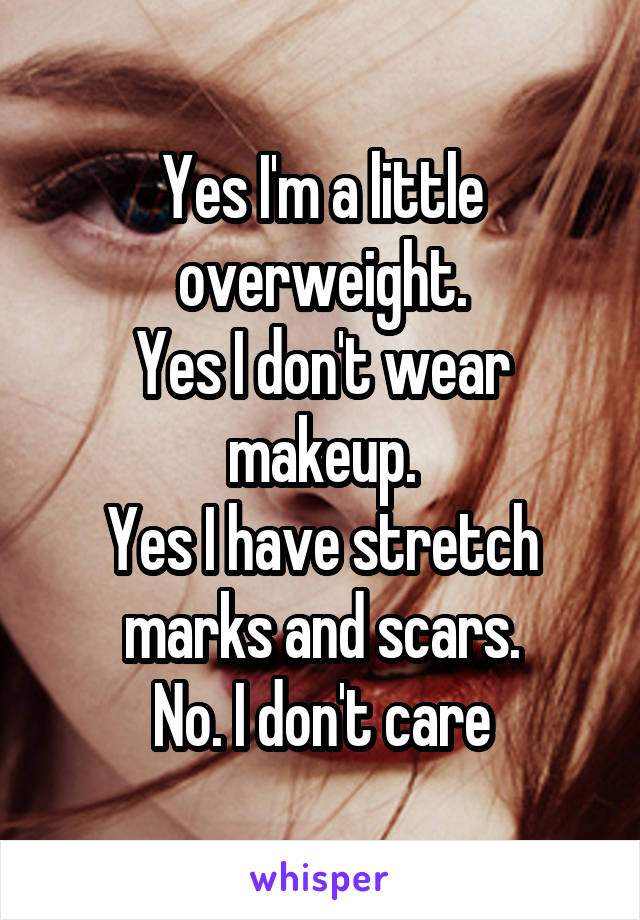 Yes I'm a little overweight.
Yes I don't wear makeup.
Yes I have stretch marks and scars.
No. I don't care