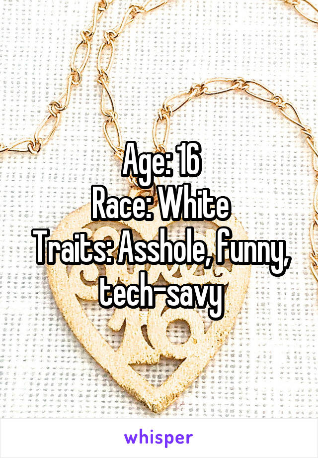 Age: 16
Race: White
Traits: Asshole, funny, tech-savy