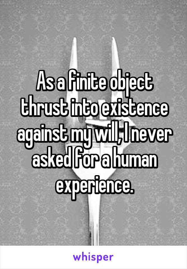 As a finite object thrust into existence against my will, I never asked for a human experience.