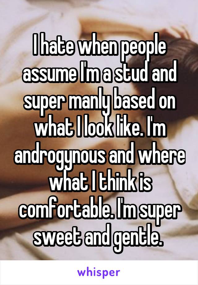 I hate when people assume I'm a stud and super manly based on what I look like. I'm androgynous and where what I think is comfortable. I'm super sweet and gentle. 