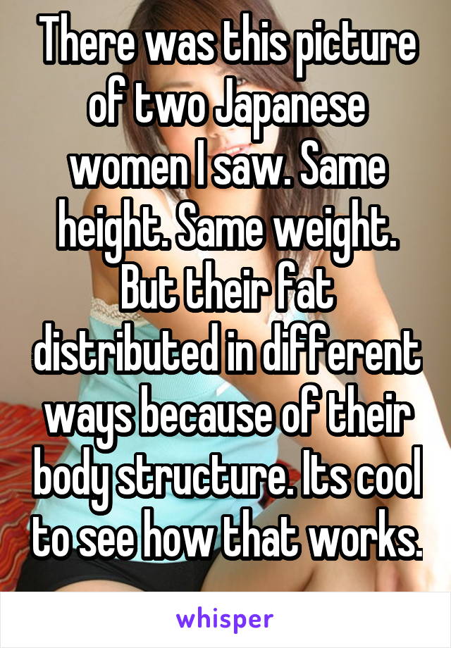 There was this picture of two Japanese women I saw. Same height. Same weight. But their fat distributed in different ways because of their body structure. Its cool to see how that works. 