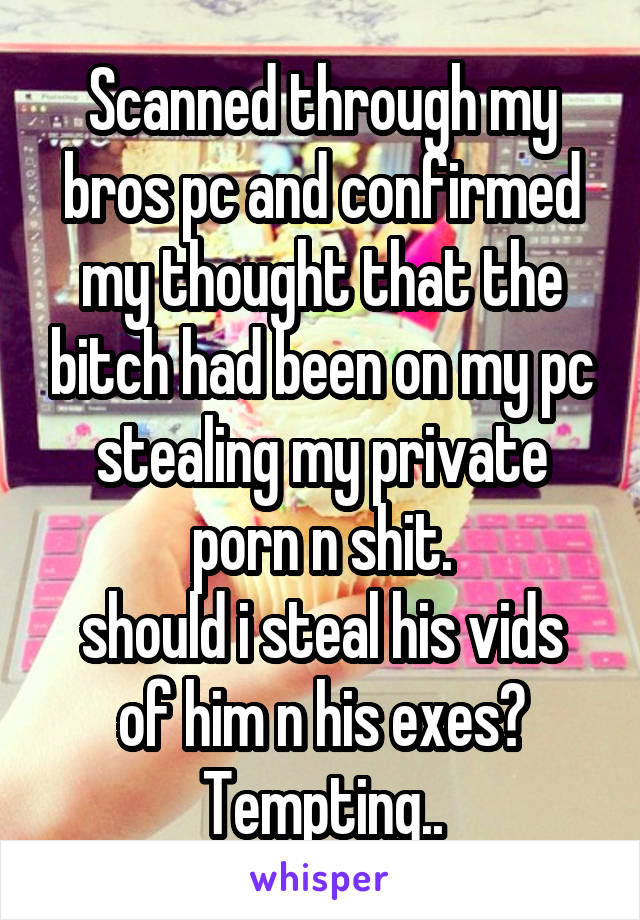 Scanned through my bros pc and confirmed my thought that the bitch had been on my pc stealing my private porn n shit.
should i steal his vids of him n his exes? Tempting..