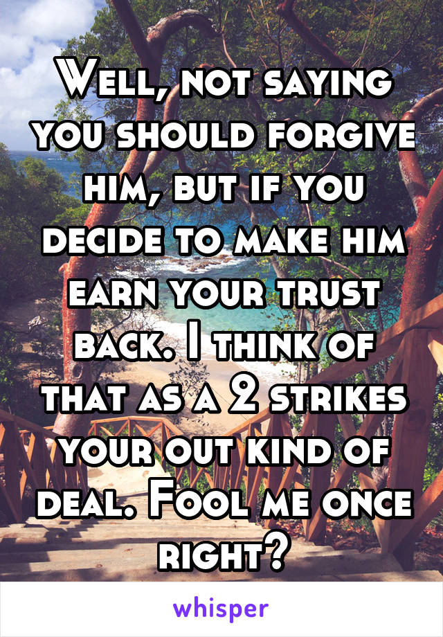 Well, not saying you should forgive him, but if you decide to make him earn your trust back. I think of that as a 2 strikes your out kind of deal. Fool me once right?