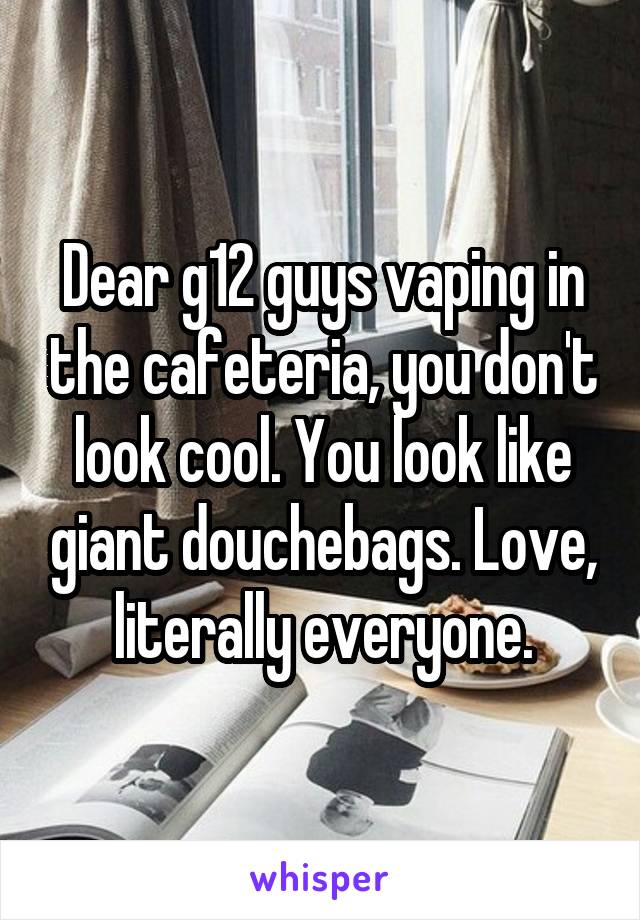 Dear g12 guys vaping in the cafeteria, you don't look cool. You look like giant douchebags. Love, literally everyone.