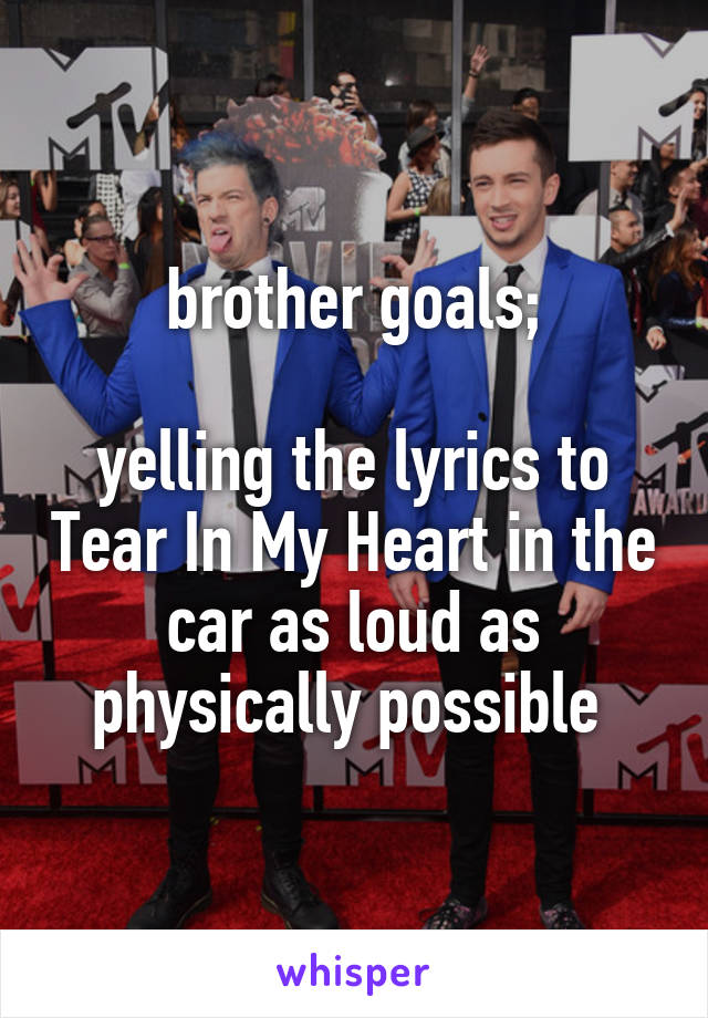 brother goals;

yelling the lyrics to Tear In My Heart in the car as loud as physically possible 