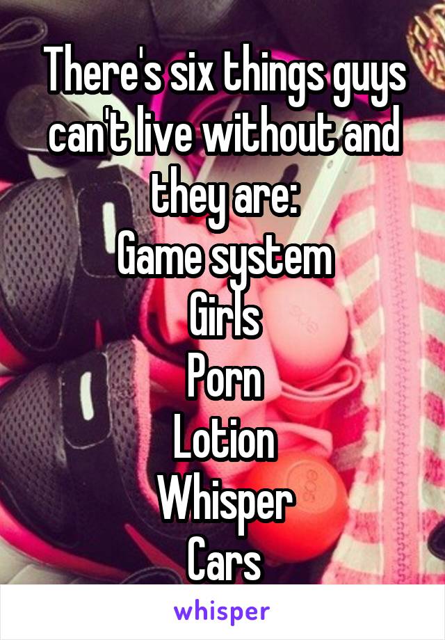 There's six things guys can't live without and they are:
Game system
Girls
Porn
Lotion
Whisper
Cars