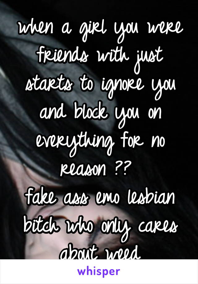 when a girl you were friends with just starts to ignore you and block you on everything for no reason ?? 
fake ass emo lesbian bitch who only cares about weed