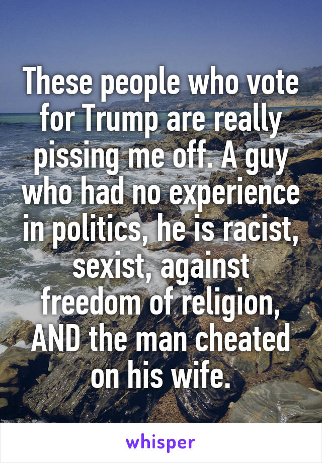 These people who vote for Trump are really pissing me off. A guy who had no experience in politics, he is racist, sexist, against freedom of religion, AND the man cheated on his wife.