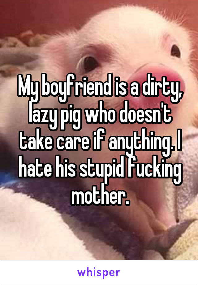 My boyfriend is a dirty, lazy pig who doesn't take care if anything. I hate his stupid fucking mother.