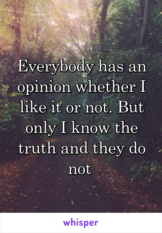 Everybody has an opinion whether I like it or not. But only I know the truth and they do not 