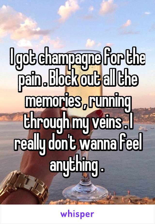 I got champagne for the pain . Block out all the memories , running through my veins . I really don't wanna feel anything . 