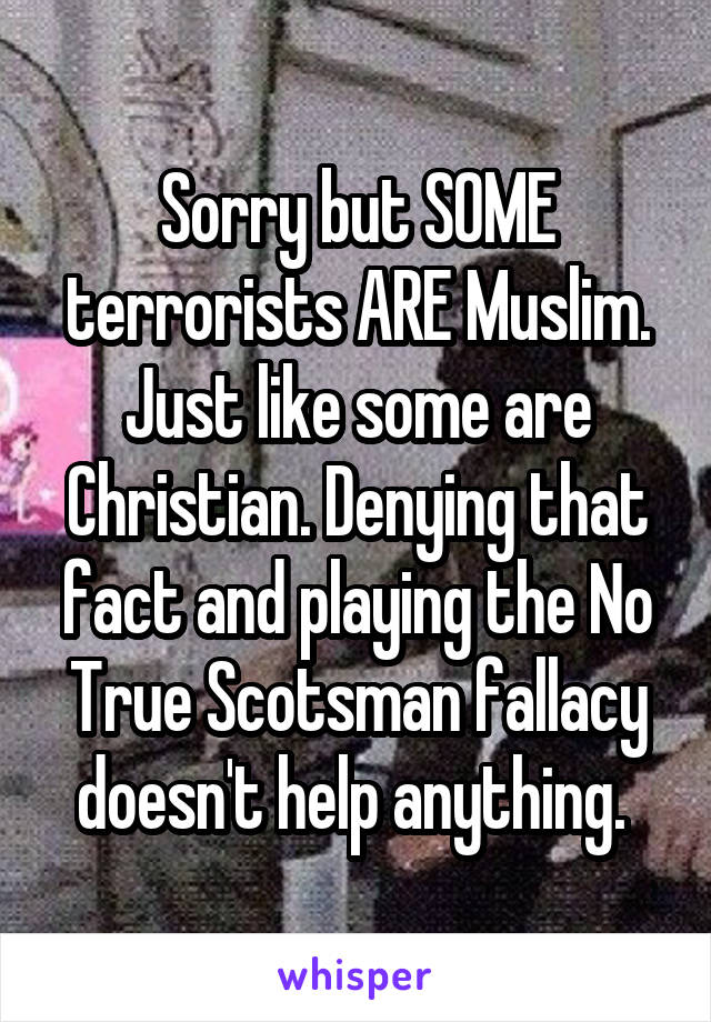 Sorry but SOME terrorists ARE Muslim. Just like some are Christian. Denying that fact and playing the No True Scotsman fallacy doesn't help anything. 