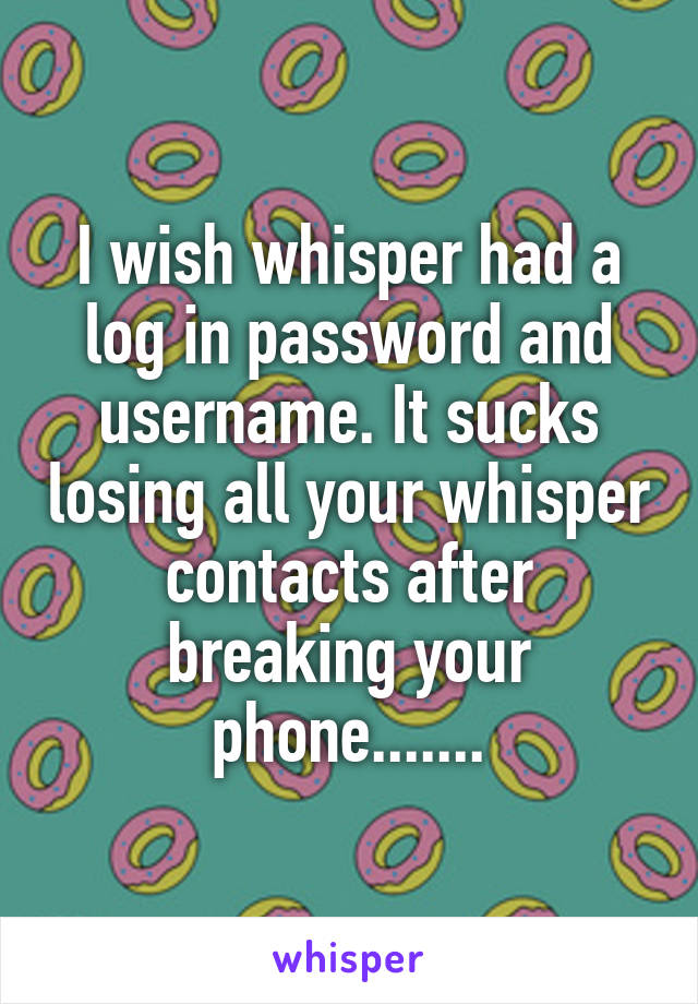 I wish whisper had a log in password and username. It sucks losing all your whisper contacts after breaking your phone.......