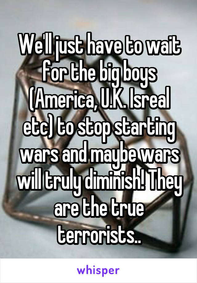 We'll just have to wait for the big boys (America, U.K. Isreal etc) to stop starting wars and maybe wars will truly diminish! They are the true terrorists..