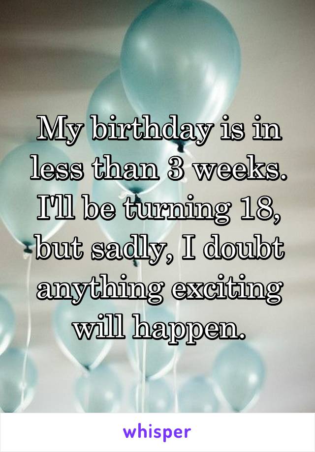 My birthday is in less than 3 weeks. I'll be turning 18, but sadly, I doubt anything exciting will happen.