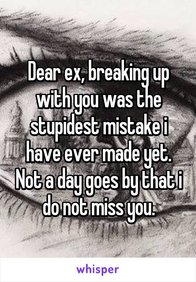 Dear ex, breaking up with you was the stupidest mistake i have ever made yet. Not a day goes by that i do not miss you.